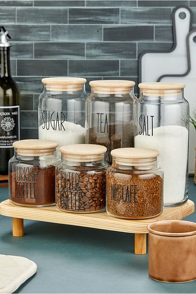 MODA OZY 3-Piece Stand Glass with Wooden Lid 1300ml Tea/Sugar/Salt and 3-Piece 500ml Coffee Jar (Transfer Label)