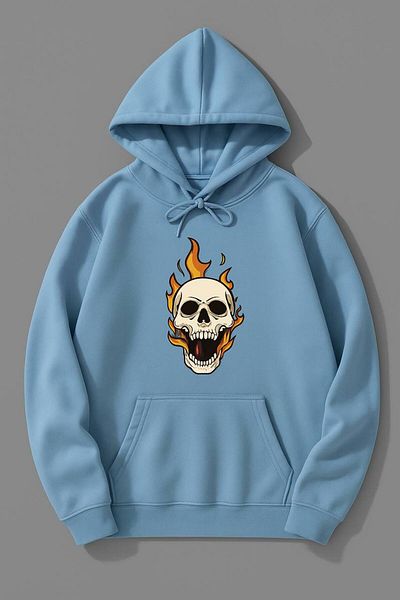 CLASSY.MODA Flame Skull Patterned Hooded Sweatshirt