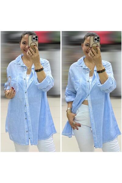Butik İtalyan Taşlanmış Pamuklu Coton Gömlek - MAVİ
