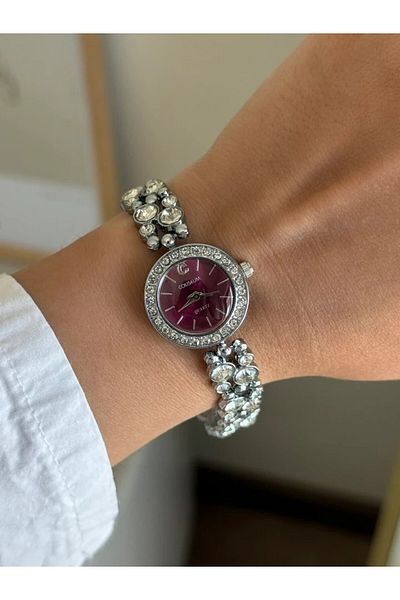 RoseandRoses Delaux Stylish Women's Watch with Stone Silver (Burgundy Dial)