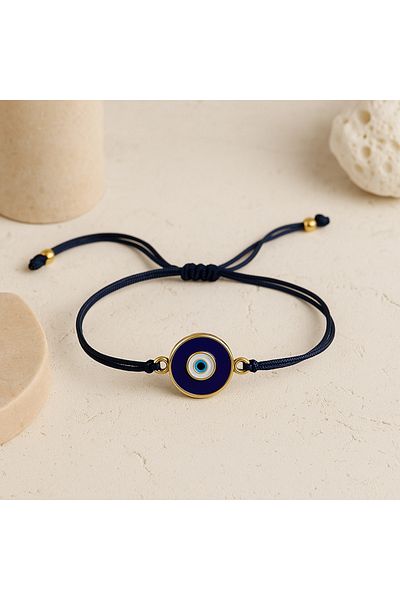 Nice For You Handmade Black Drawstring Gold Detailed Blue Evil Eye Beaded Stylish Bracelet – Unisex, Adjustable