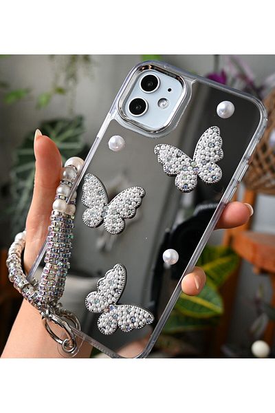 Go Aksesuar Anti-Knock Silicone Case Compatible with iPhone 11 with Mirrored Charm Butterfly Design
