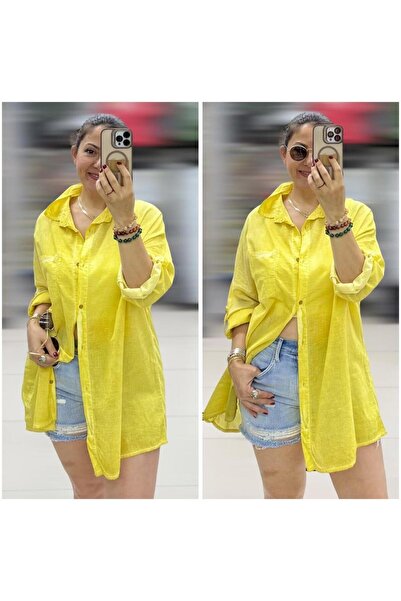 Butik İtalyan Taşlanmış Pamuklu Coton Gömlek - SARI
