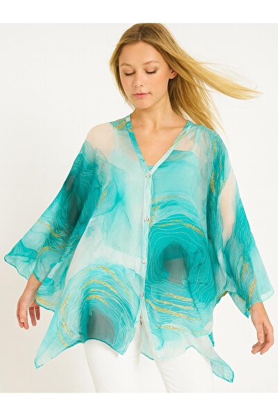 Butik İtalyan Dalga Desen İpek Bluz - SU YEŞİLİ