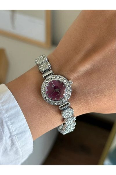 RoseandRoses Shrix Stylish Women's Wrist Watch with Stone Silver (Burgundy Dial)