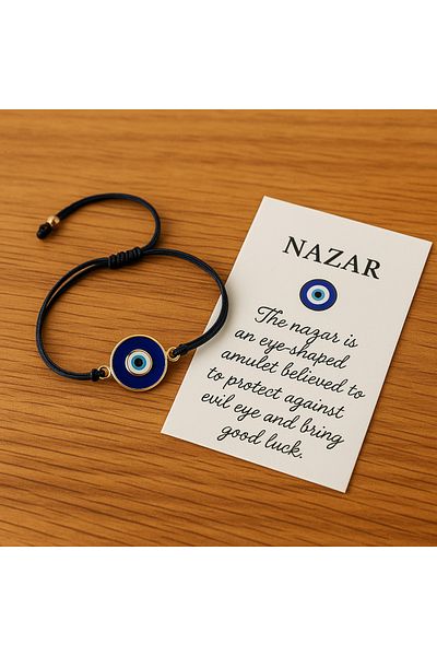 Nice For You Handmade Black Drawstring Gold Detailed Blue Evil Eye Beaded Stylish Bracelet – Unisex, Adjustable