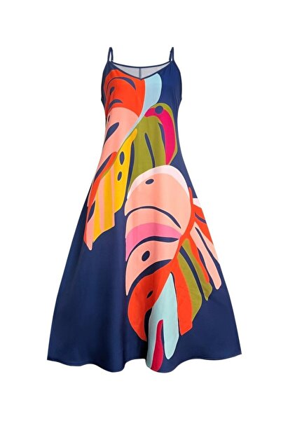 BEFAON فستان ماكسي نسائي من إيدوليكا بحمالات خيطية وياقة على شكل V مع نقشة