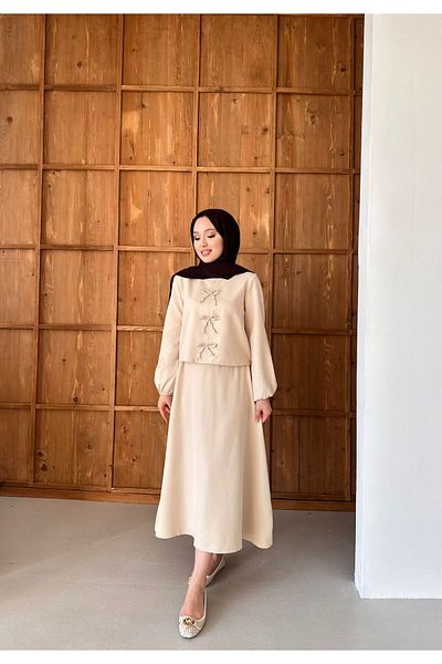 New Lune Women's Clothing Scuba Fabric Double Suit Suitable for Hijab with Bow Detail on the Front, Bottom Top