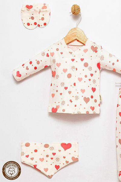 MAHFEL 100% Cotton Organic Pink Heart Printed Newborn Hospital Discharge Set 5 Pieces