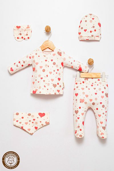 MAHFEL 100% Cotton Organic Pink Heart Printed Newborn Hospital Discharge Set 5 Pieces