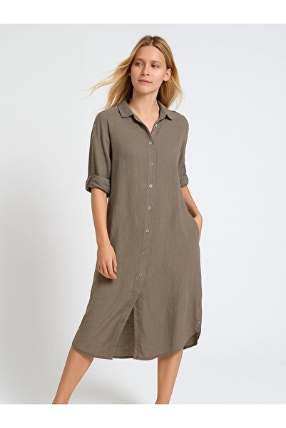 Butik İtalyan Keten Sırtı Dantelli Elbise - VİZON