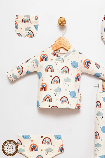 MAHFEL 100% Cotton Organic Rainbow2 Printed Newborn Hospital Discharge Set 5 Pieces