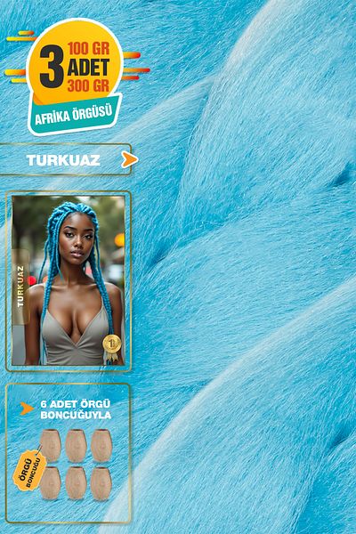 TAM TARZ 3Pcs Fiber Synthetic Hair for African Braiding - Turquoise + 6Pcs Braiding Beads