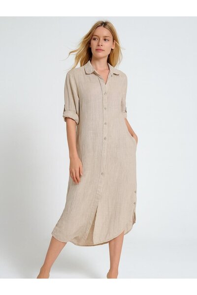 Butik İtalyan Keten Sırtı Dantelli Elbise - BEJ