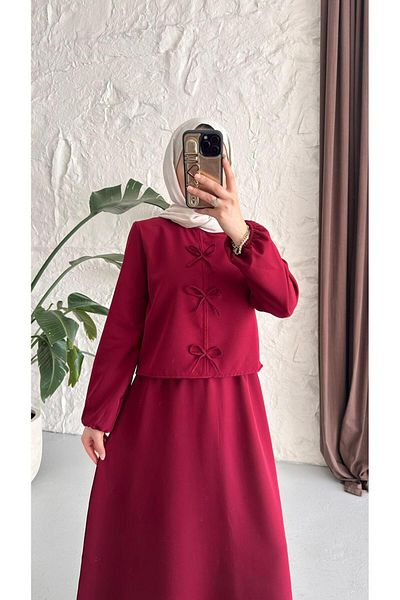 New Lune Women's Clothing Scuba Fabric Double Suit Suitable for Hijab with Bow Detail on the Front, Bottom Top