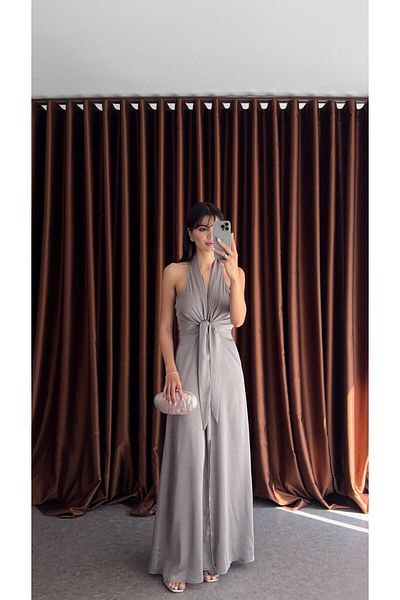 HAZELANNA Gray Satin Dress with Tie Front
