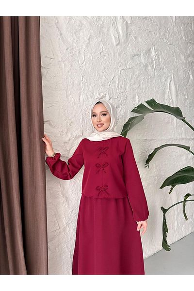 New Lune Women's Clothing Scuba Fabric Double Suit Suitable for Hijab with Bow Detail on the Front, Bottom Top