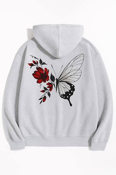 CLASSY.MODA Butterfly and Flower Patterned Hooded Sweatshirt
