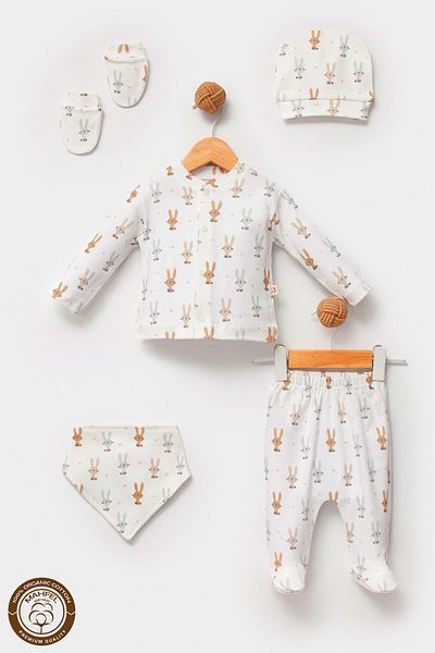 MAHFEL 100% Cotton Organic Rabbit Printed Newborn Hospital Discharge Set 5 Pieces