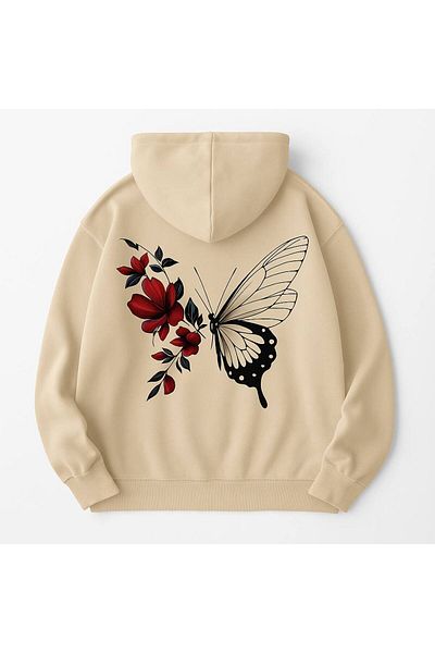 CLASSY.MODA Butterfly and Flower Patterned Hooded Sweatshirt