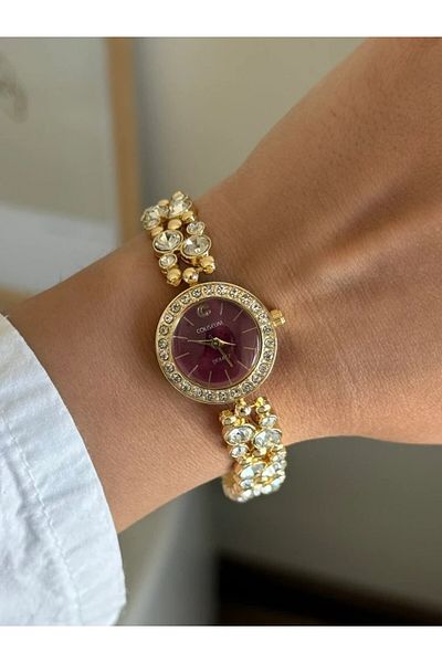 RoseandRoses Delaux Stone Stylish Women's Wristwatch Gold (Burgundy Dial)