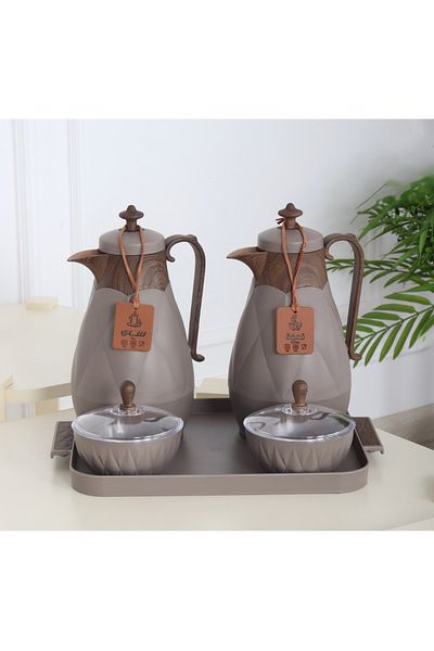 Generic 5-piece tea and coffee thermos set with serving tray, sugar bowl, and tea caddy
