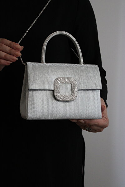 Mimoza Women's Silver Silvery Striped Evening Bag - Evening Bag with Crystal Stone Buckle
