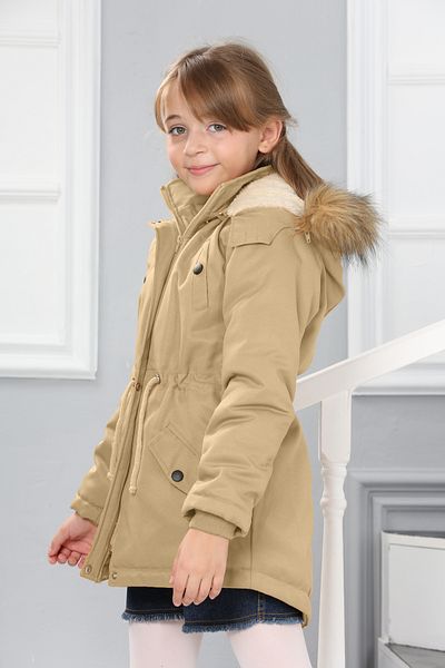 Asortix Girl's Waterproof Removable Hooded Plush Fur Lined Long Coat Coat