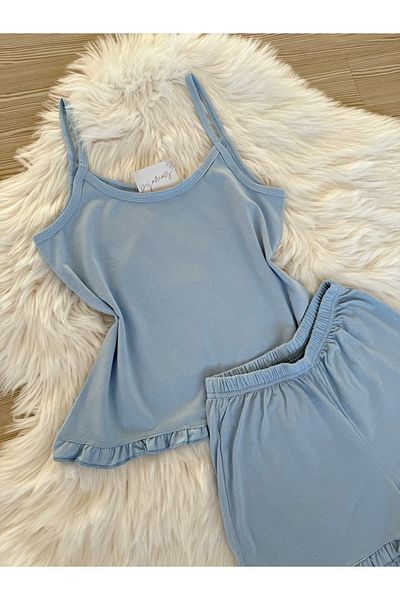 Pijamacs Baby Blue Cotton Rope Strap Ruffle Detailed Shorts Pajama Set