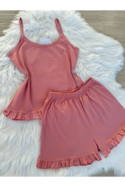 Pijamacs Dusty Rose Cotton Thread Strap Ruffle Detail Shorts Pajama Set
