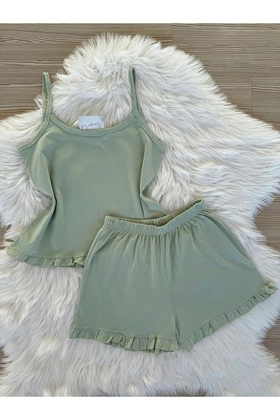 Pijamacs Mint Green Cotton Rope Strap Ruffle Detail Shorts Pajama Set