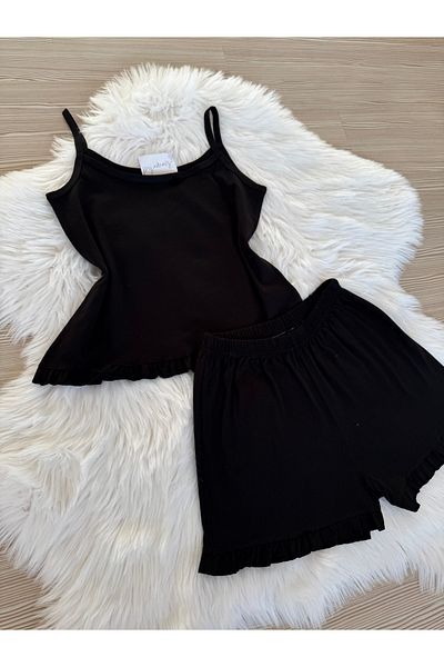 Pijamacs Black Cotton Rope Strap Ruffle Detail Shorts Pajama Set