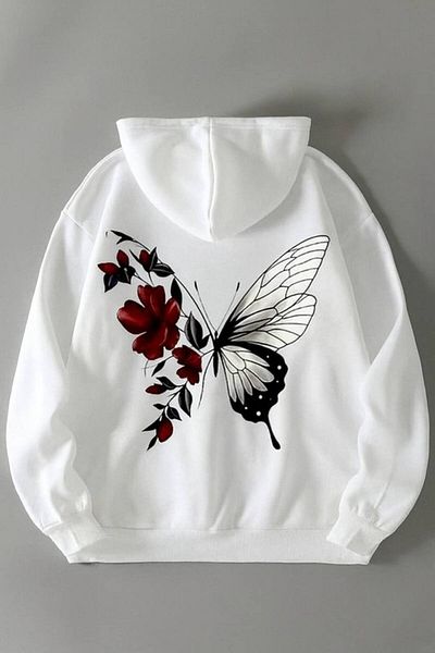CLASSY.MODA Butterfly and Flower Patterned Hooded Sweatshirt