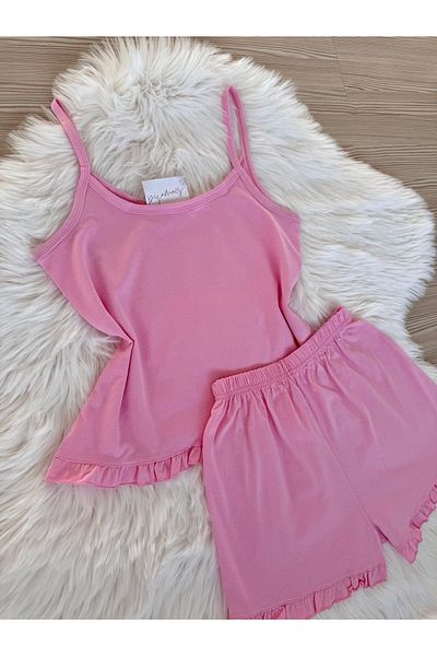 Pijamacs Pink Cotton Rope Strap Ruffle Detail Shorts Pajama Set