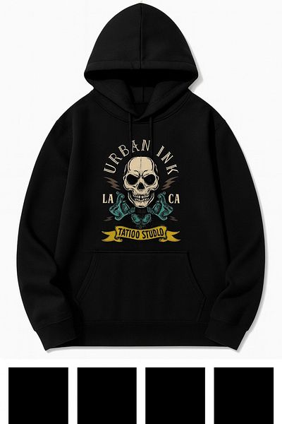 CLASSY.MODA Skull and Tattoo Machine Pattern Hooded Sweatshirt