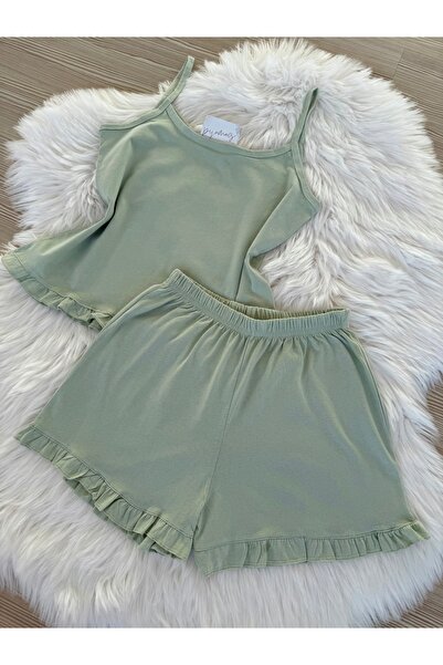 Pijamacs Menta zöld pamut kötélpántos fodros részletekkel ellátott rövidnadrág pizsama szett