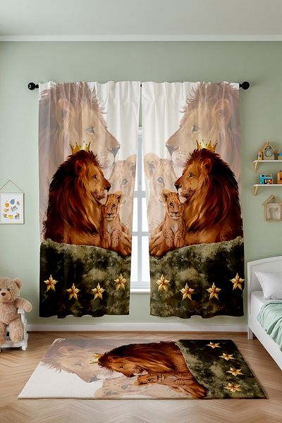 EVPANYA Kıral Lion and Cub Patterned Children's Baby Room Background Curtain (Single Wing Pricing)