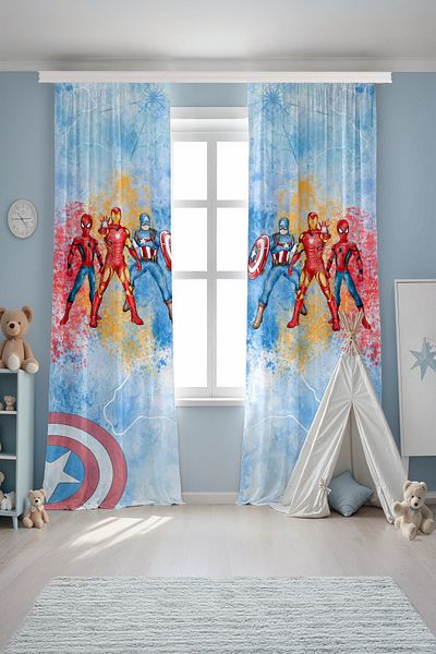 EVPANYA Blue Super Heroes Patterned Children's Baby Room Background Curtain (Single Wing Pricing)
