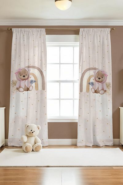 EVPANYA Cream Teddy Bear Patterned Children's Baby Room Background Curtain (Single Wing Pricing)