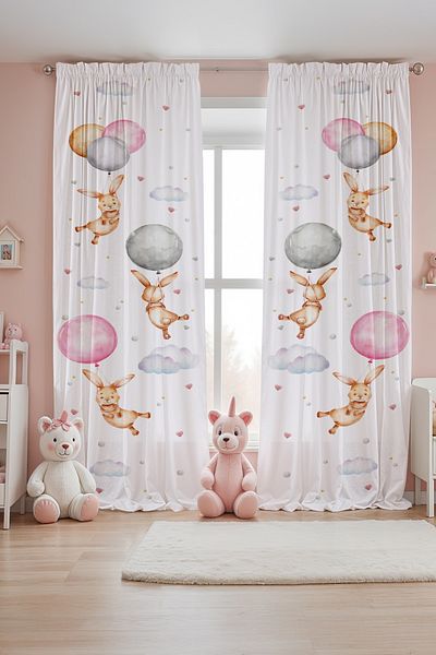 EVPANYA Swinging Rabbit Patterned Children's Baby Room Background Curtain with Balloons (Single Wing Pricing)
