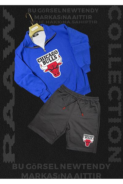 Minikelya Chigago Bulls Half Zipper Stand Collar Sweatshirt - Shorts Fan Cotton 2 Yarn Set