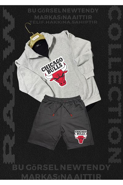 Minikelya Chigago Bulls Half Zipper Stand Collar Sweatshirt - Shorts Fan Cotton 2 Yarn Set