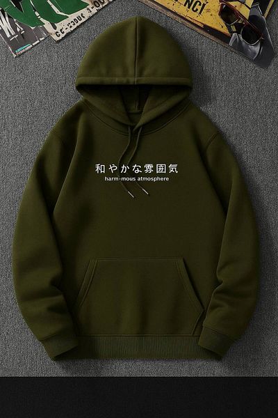 CLASSY.MODA Japanese Text Printed Hooded Sweatshirt