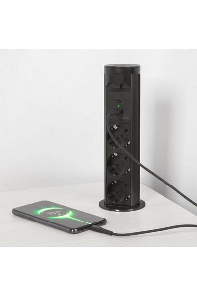 Mercaton Concealed Electrical Distributor, Retractable, for Desk or Countertop, 3 Sockets with Child Protection,