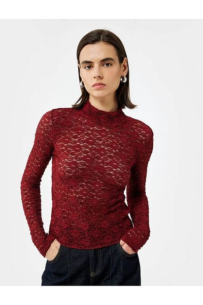 Koton Stand Collar Floral Textured Lace Burgundy Women's Blouse 6Wak80001Ek