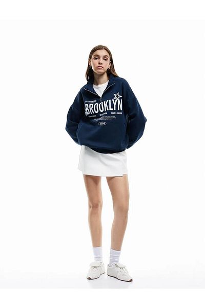 Koton Raised Printed Half Zipper Navy Blue Women's Sweatshirt 6Wal10170Ik
