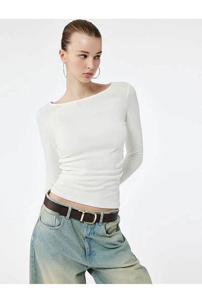 Koton Cotton Slim Fit Boat Neck Draped Ecru Women's Blouse 6Wal10195Ik