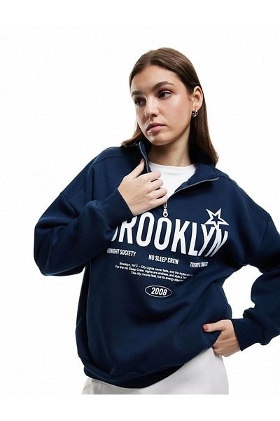 Koton Raised Printed Half Zipper Navy Blue Women's Sweatshirt 6Wal10170Ik