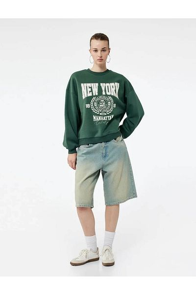 Koton Raised Printed Green Women's Sweatshirt 6Wal10138Ik