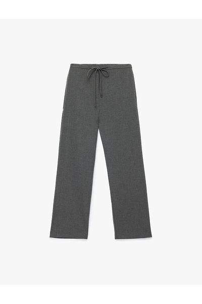 Koton Women's Long Gray Trousers with Lace-Up Ties and Pockets 6Wak40029Pw